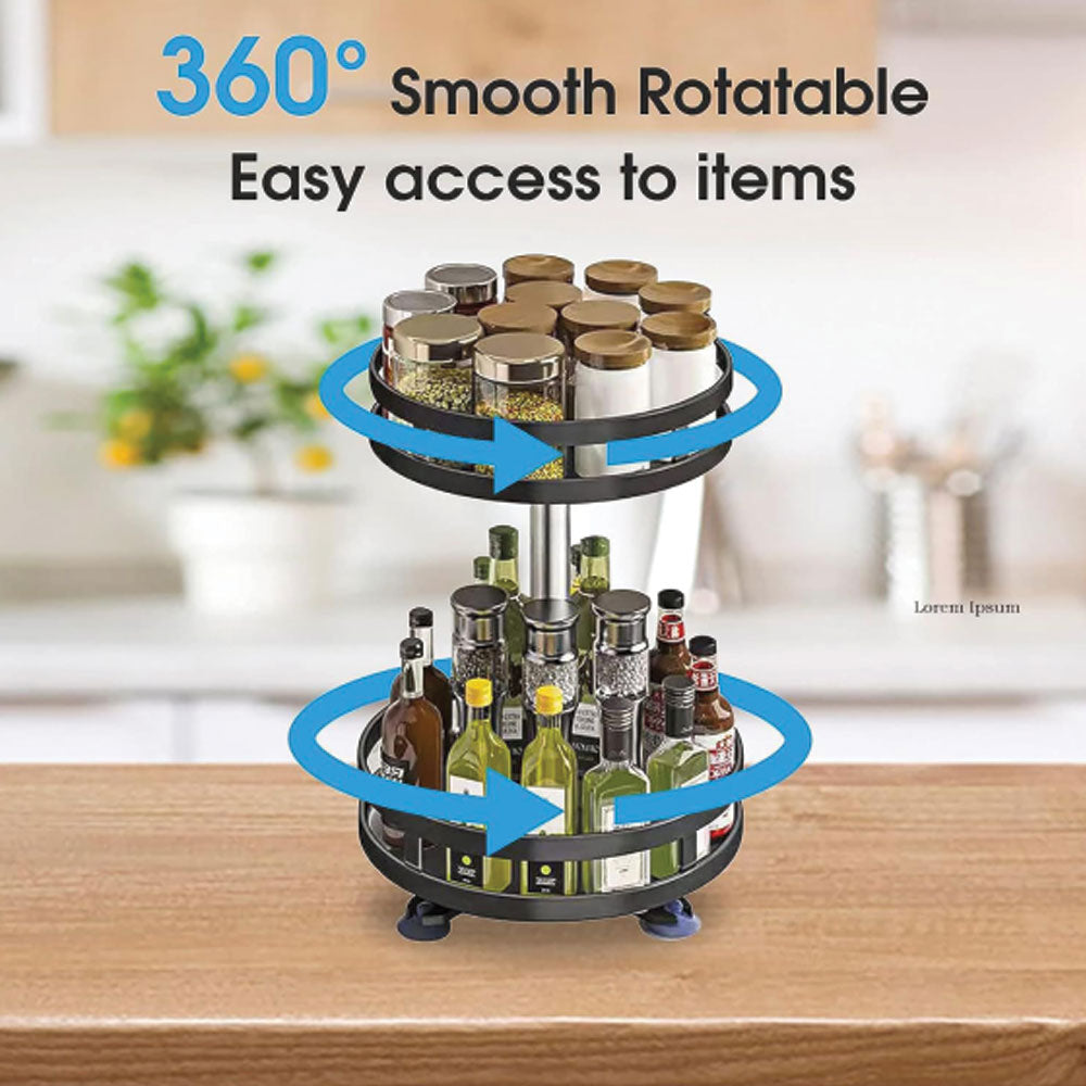 Alexin 360° Rotating Spice Rack Organiser/Multifunctional Spice Rack/Table Top Storage Rack/Non-Slip Spice Holder Organizer for Kitchen/Living Room- Black (2-Tier, Round)
