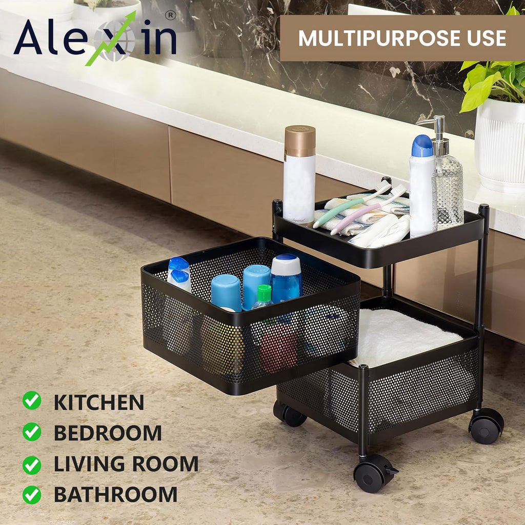 Alexin 2 Tier Kitchen Trolley With Wheels/Kitchen Organizer Items and Storage Solutions for Bed room/beauty parlor/bathroom/pantry/living room/study room/Store Your Kitchen Accessories Items(Square)