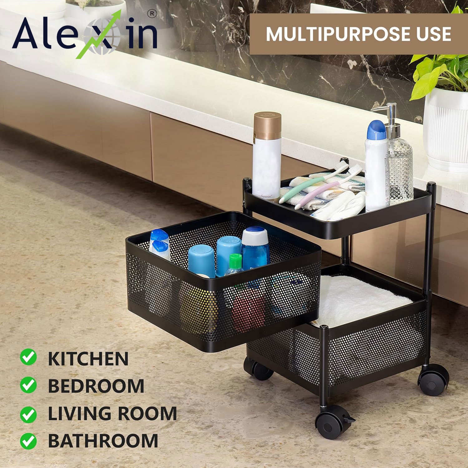 Alexin 2 Tier Kitchen Trolley With Wheels/Kitchen Organizer Items and Storage Solutions for Bed room/beauty parlor/bathroom/pantry/living room/study room/Store Your Kitchen Accessories Items(Square)