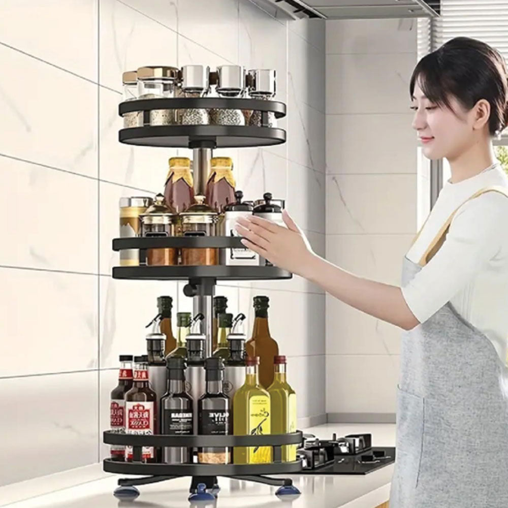 Alexin 360° Rotating Spice Rack Organiser/Multifunctional Spice Rack/Table Top Storage Rack/Non-Slip Spice Holder Organizer for Kitchen/Living Room- Black (3-Tier, Round)