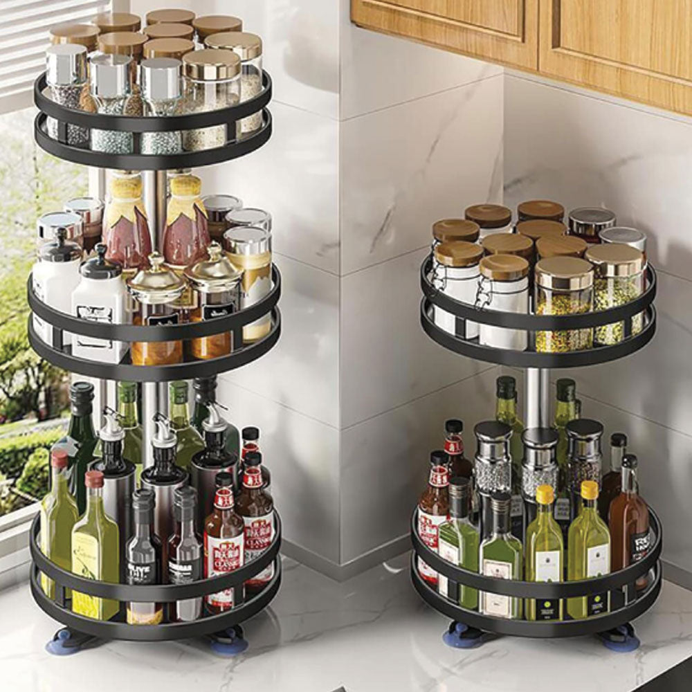 Alexin 360° Rotating Spice Rack Organiser/Multifunctional Spice Rack/Table Top Storage Rack/Non-Slip Spice Holder Organizer for Kitchen/Living Room- Black (2-Tier, Round)