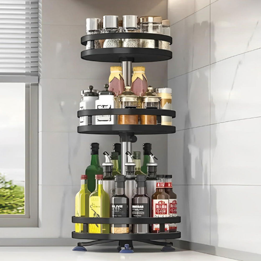 Alexin 360° Rotating Spice Rack Organiser/Multifunctional Spice Rack/Table Top Storage Rack/Non-Slip Spice Holder Organizer for Kitchen/Living Room- Black (3-Tier, Round)