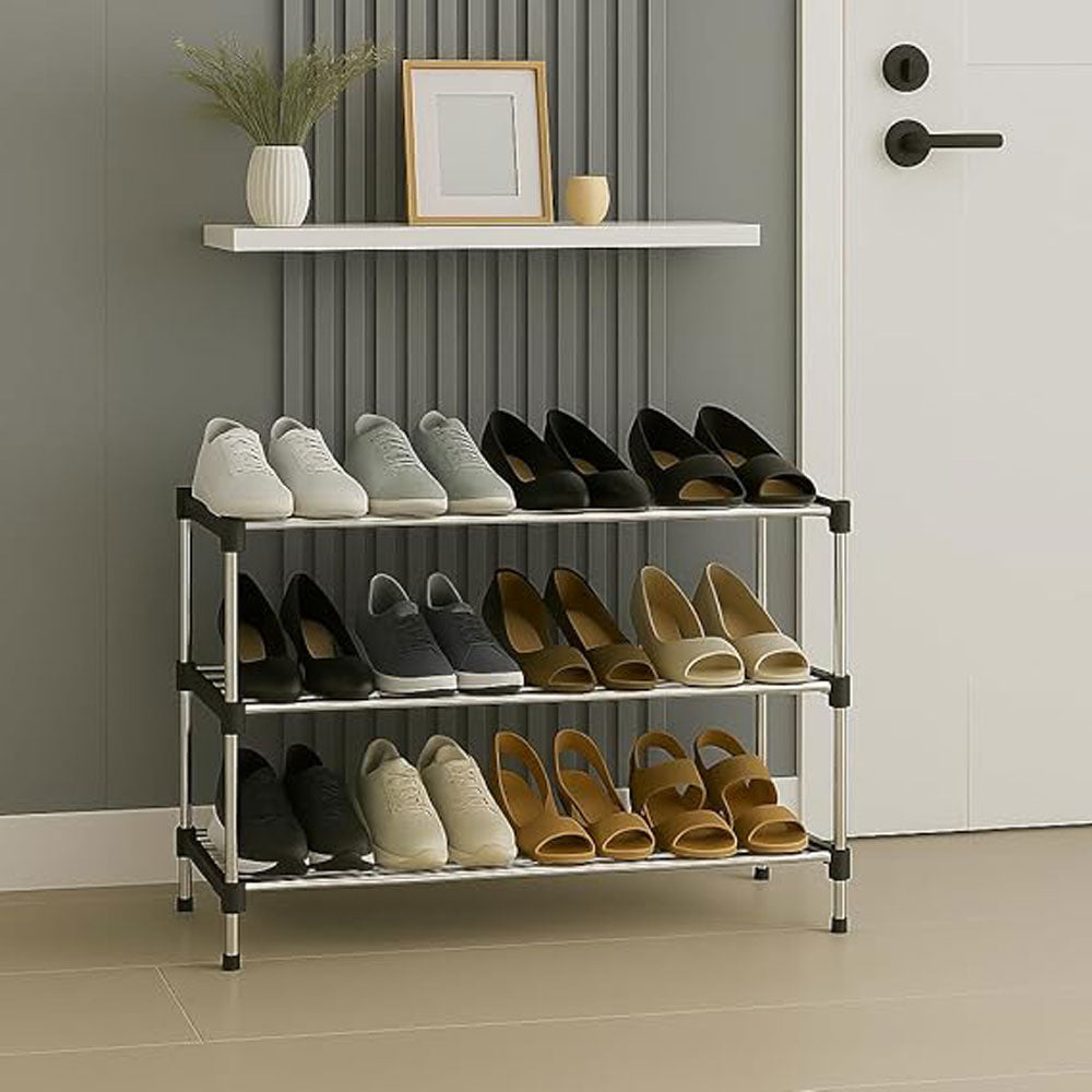 Alexin 3 Tier Stainless Steel Shoes Rack for Home/Shoe Stand/Rust-Proof & Sturdy Shoe Organizer for Entryway/Footwear Organizer/Books/Newspaper/Plants - (Black & Chrome)