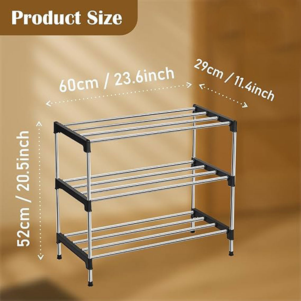 Alexin 3 Tier Stainless Steel Shoes Rack for Home/Shoe Stand/Rust-Proof & Sturdy Shoe Organizer for Entryway/Footwear Organizer/Books/Newspaper/Plants - (Black & Chrome)