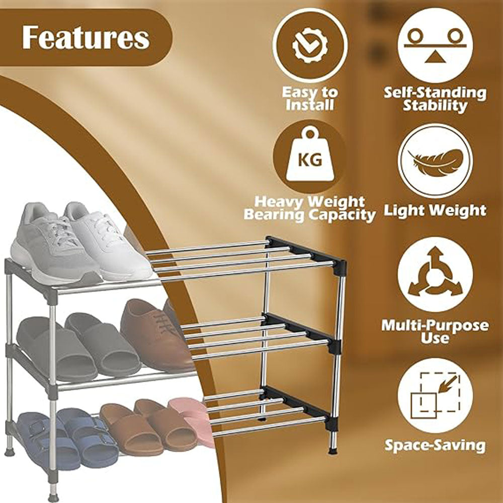 Alexin 3 Tier Stainless Steel Shoes Rack for Home/Shoe Stand/Rust-Proof & Sturdy Shoe Organizer for Entryway/Footwear Organizer/Books/Newspaper/Plants - (Black & Chrome)