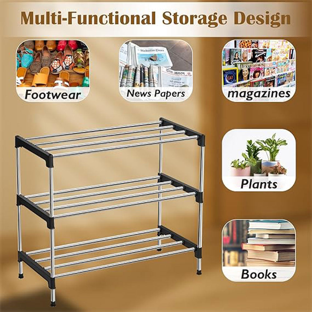 Alexin 3 Tier Stainless Steel Shoes Rack for Home/Shoe Stand/Rust-Proof & Sturdy Shoe Organizer for Entryway/Footwear Organizer/Books/Newspaper/Plants - (Black & Chrome)