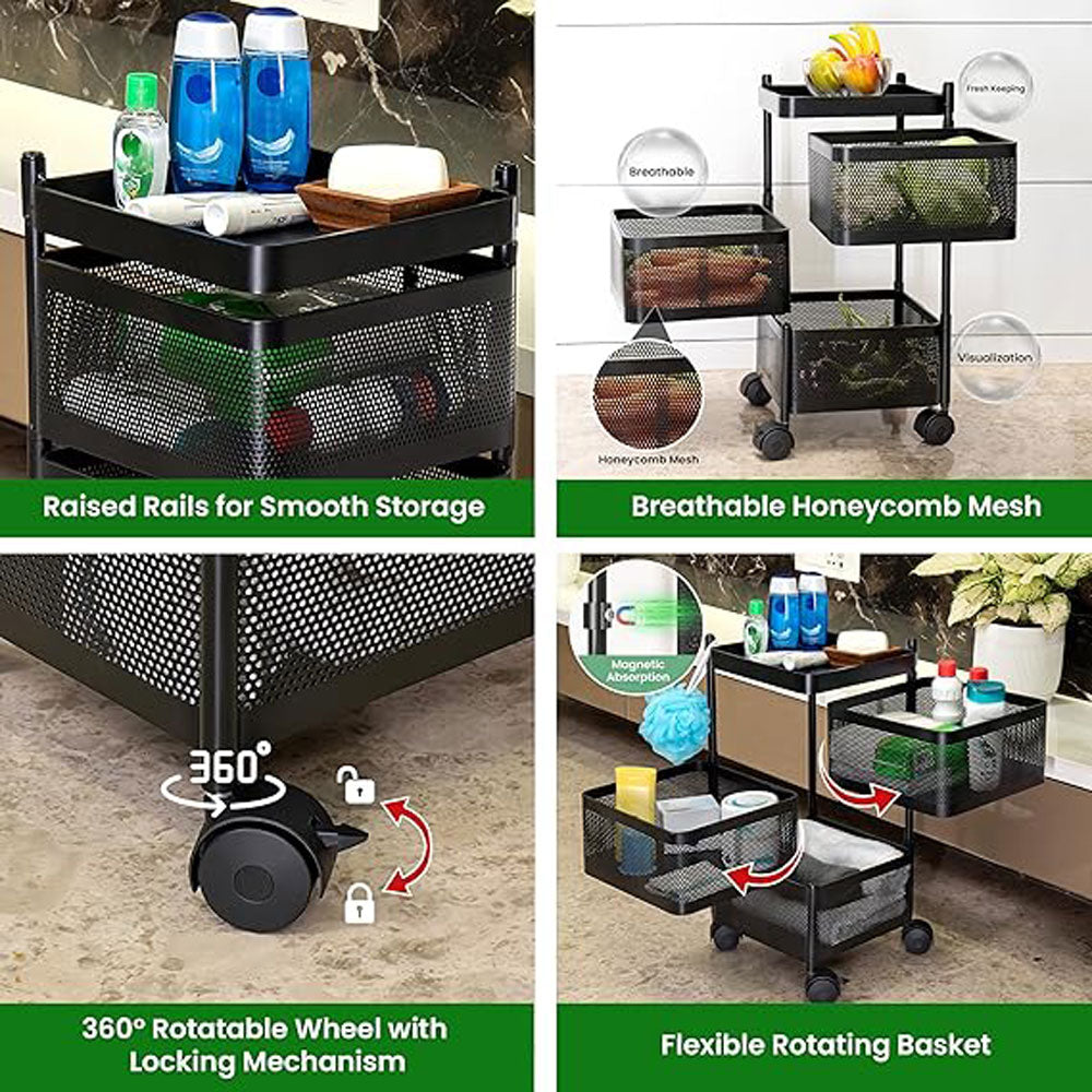 Alexin  Metal 3 Tier Kitchen Trolley With Wheels/Kitchen Organizer Items & Storage Solutions For Bed Room/Beauty Parlor/Bathroom/Pantry/Living/Study Room/Store Your Kitchen Accessories(Square),Black