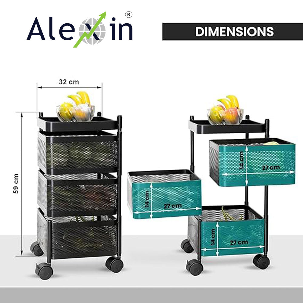 Alexin  Metal 3 Tier Kitchen Trolley With Wheels/Kitchen Organizer Items & Storage Solutions For Bed Room/Beauty Parlor/Bathroom/Pantry/Living/Study Room/Store Your Kitchen Accessories(Square),Black
