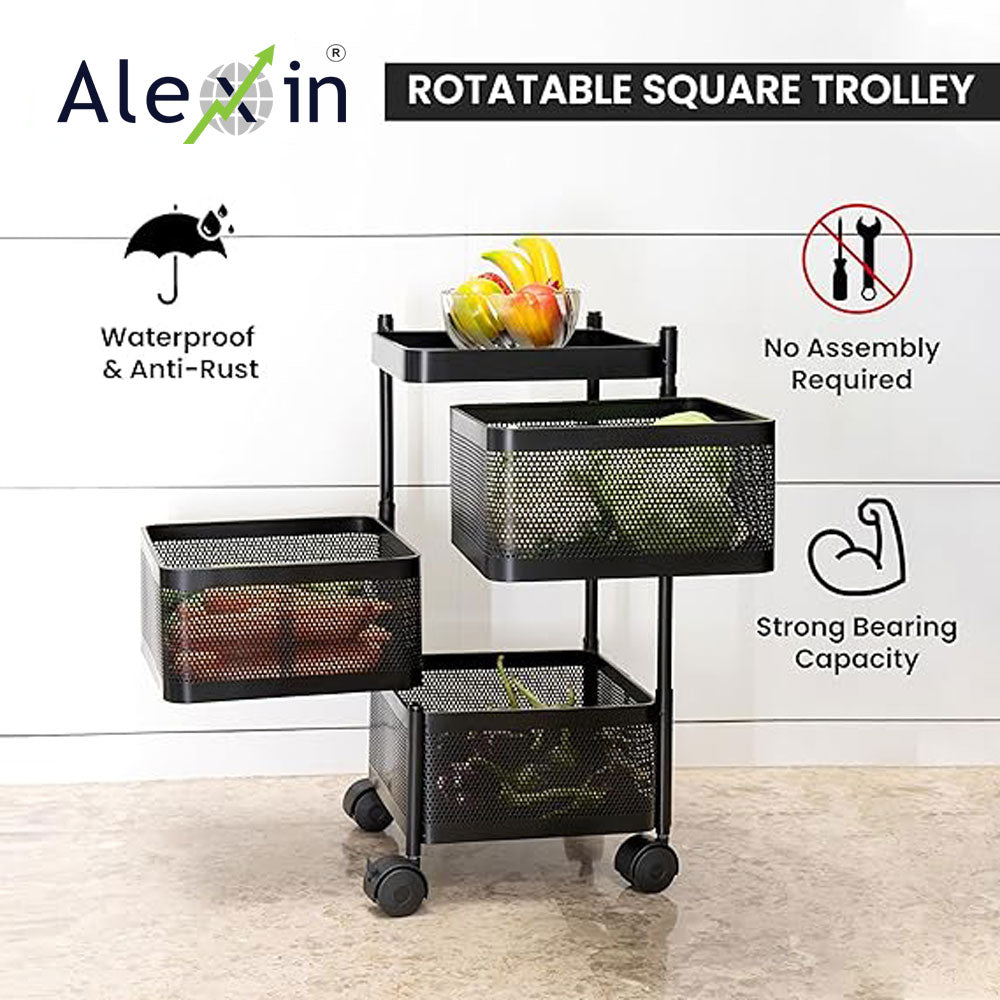 Alexin  Metal 3 Tier Kitchen Trolley With Wheels/Kitchen Organizer Items & Storage Solutions For Bed Room/Beauty Parlor/Bathroom/Pantry/Living/Study Room/Store Your Kitchen Accessories(Square),Black