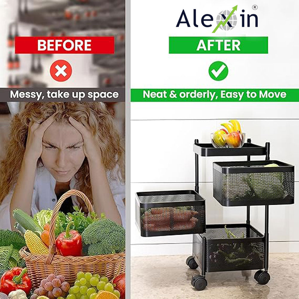 Alexin  Metal 3 Tier Kitchen Trolley With Wheels/Kitchen Organizer Items & Storage Solutions For Bed Room/Beauty Parlor/Bathroom/Pantry/Living/Study Room/Store Your Kitchen Accessories(Square),Black