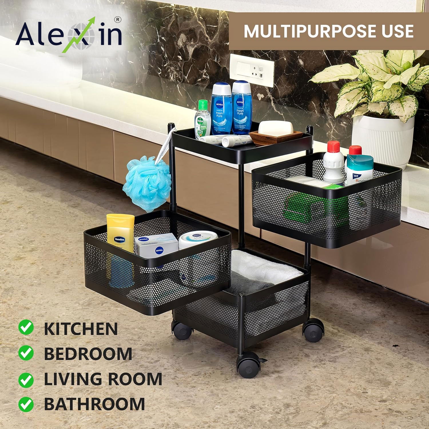 Alexin  Metal 3 Tier Kitchen Trolley With Wheels/Kitchen Organizer Items & Storage Solutions For Bed Room/Beauty Parlor/Bathroom/Pantry/Living/Study Room/Store Your Kitchen Accessories(Square),Black