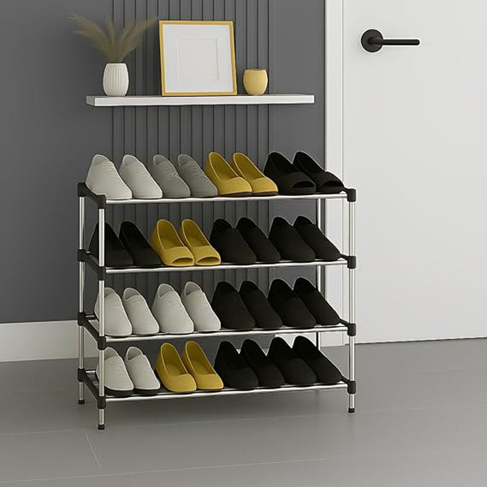 Alexin 4 Tier Stainless Steel Shoes Rack for Home/Shoe Stand/Rust-Proof & Sturdy Shoe Organizer for Entryway/Footwear Organizer/Books/Newspaper/Plants (Black & Silver)