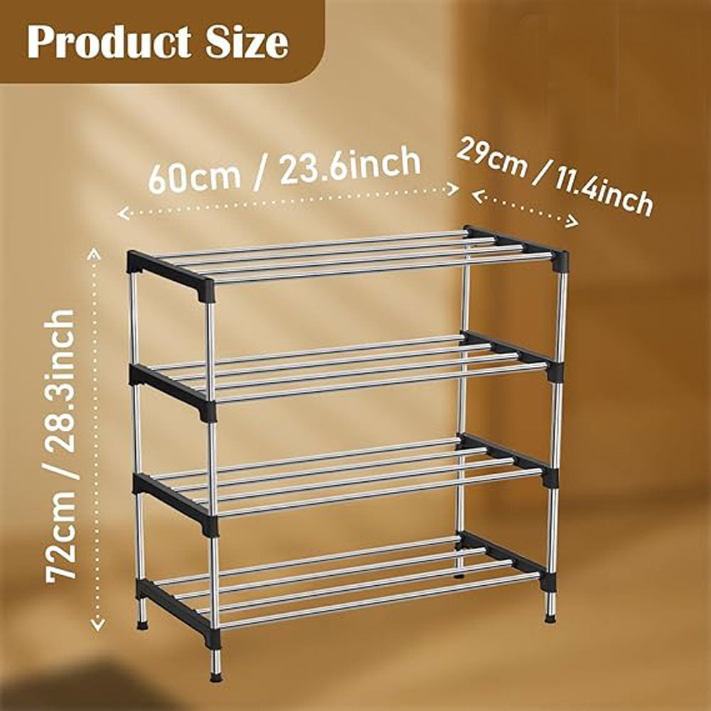 Alexin 4 Tier Stainless Steel Shoes Rack for Home/Shoe Stand/Rust-Proof & Sturdy Shoe Organizer for Entryway/Footwear Organizer/Books/Newspaper/Plants (Black & Silver)