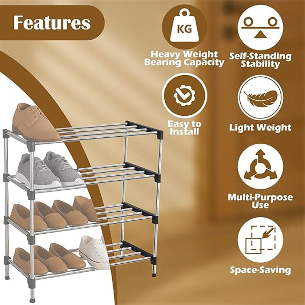 Alexin 4 Tier Stainless Steel Shoes Rack for Home/Shoe Stand/Rust-Proof & Sturdy Shoe Organizer for Entryway/Footwear Organizer/Books/Newspaper/Plants (Black & Silver)