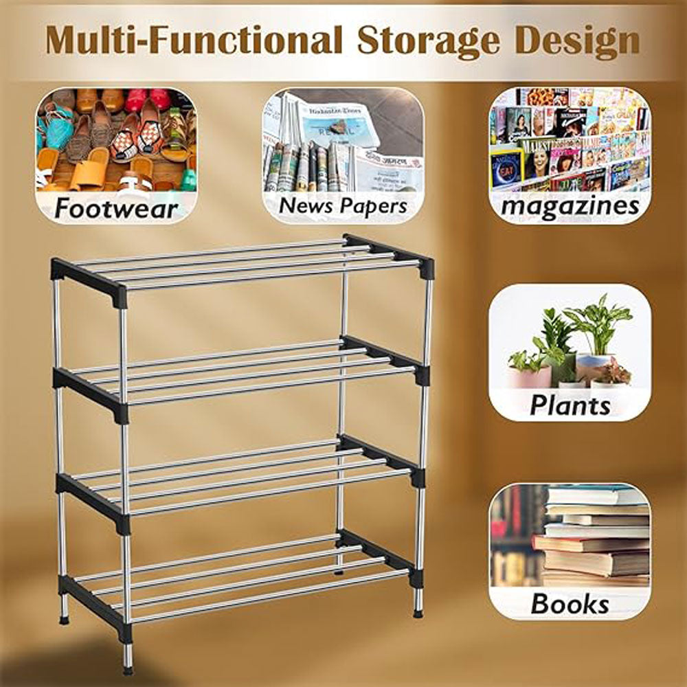 Alexin 4 Tier Stainless Steel Shoes Rack for Home/Shoe Stand/Rust-Proof & Sturdy Shoe Organizer for Entryway/Footwear Organizer/Books/Newspaper/Plants (Black & Silver)