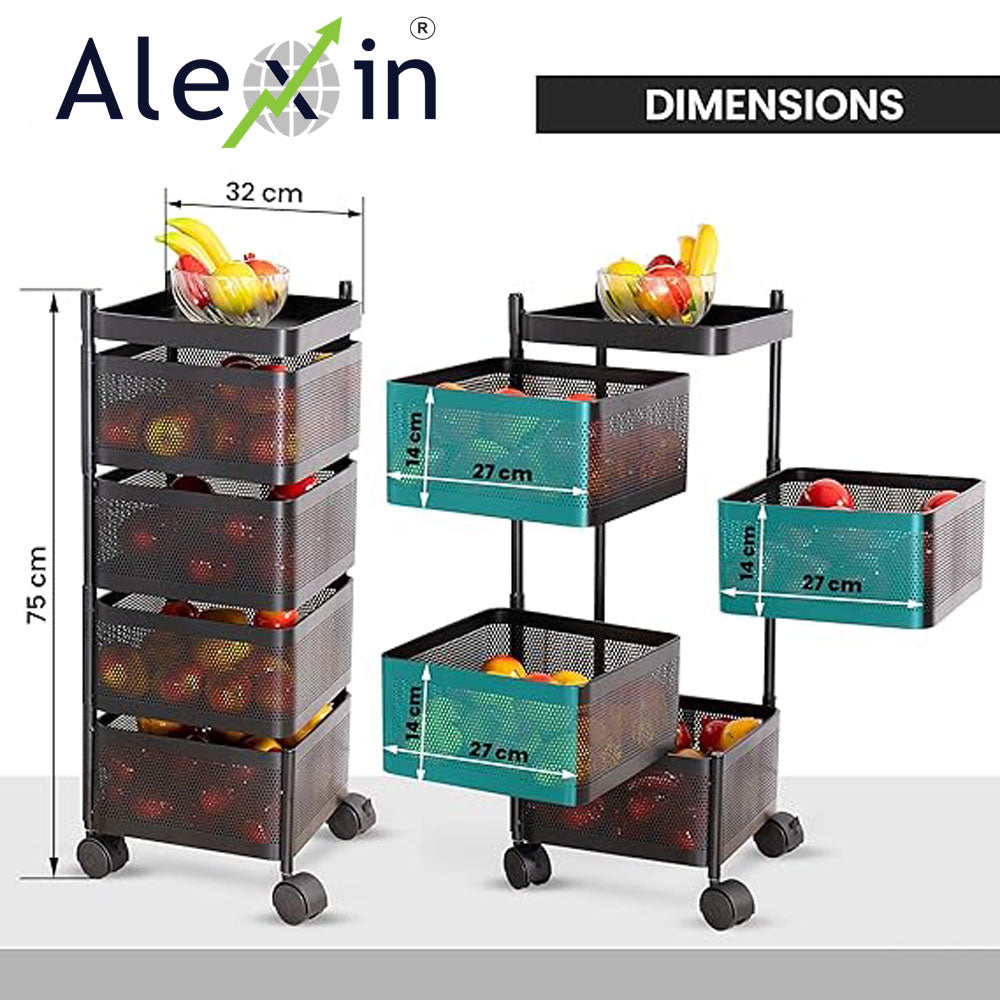 Alexin Metal 4 Tier Kitchen Trolley With Wheels/Organizer Items & Storage Solutions For Bed Room/Beauty Parlor/Bathroom/Pantry/Living/Study Room/Store Your Kitchen Accessories Items(Square),Black