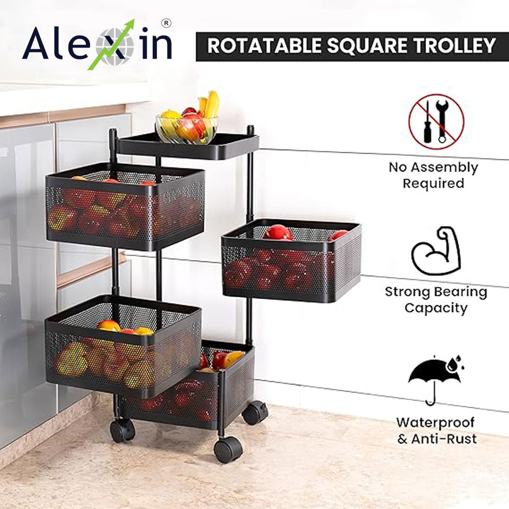 Alexin Metal 4 Tier Kitchen Trolley With Wheels/Organizer Items & Storage Solutions For Bed Room/Beauty Parlor/Bathroom/Pantry/Living/Study Room/Store Your Kitchen Accessories Items(Square),Black