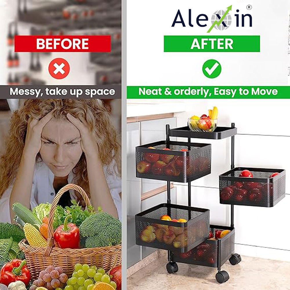 Alexin Metal 4 Tier Kitchen Trolley With Wheels/Organizer Items & Storage Solutions For Bed Room/Beauty Parlor/Bathroom/Pantry/Living/Study Room/Store Your Kitchen Accessories Items(Square),Black
