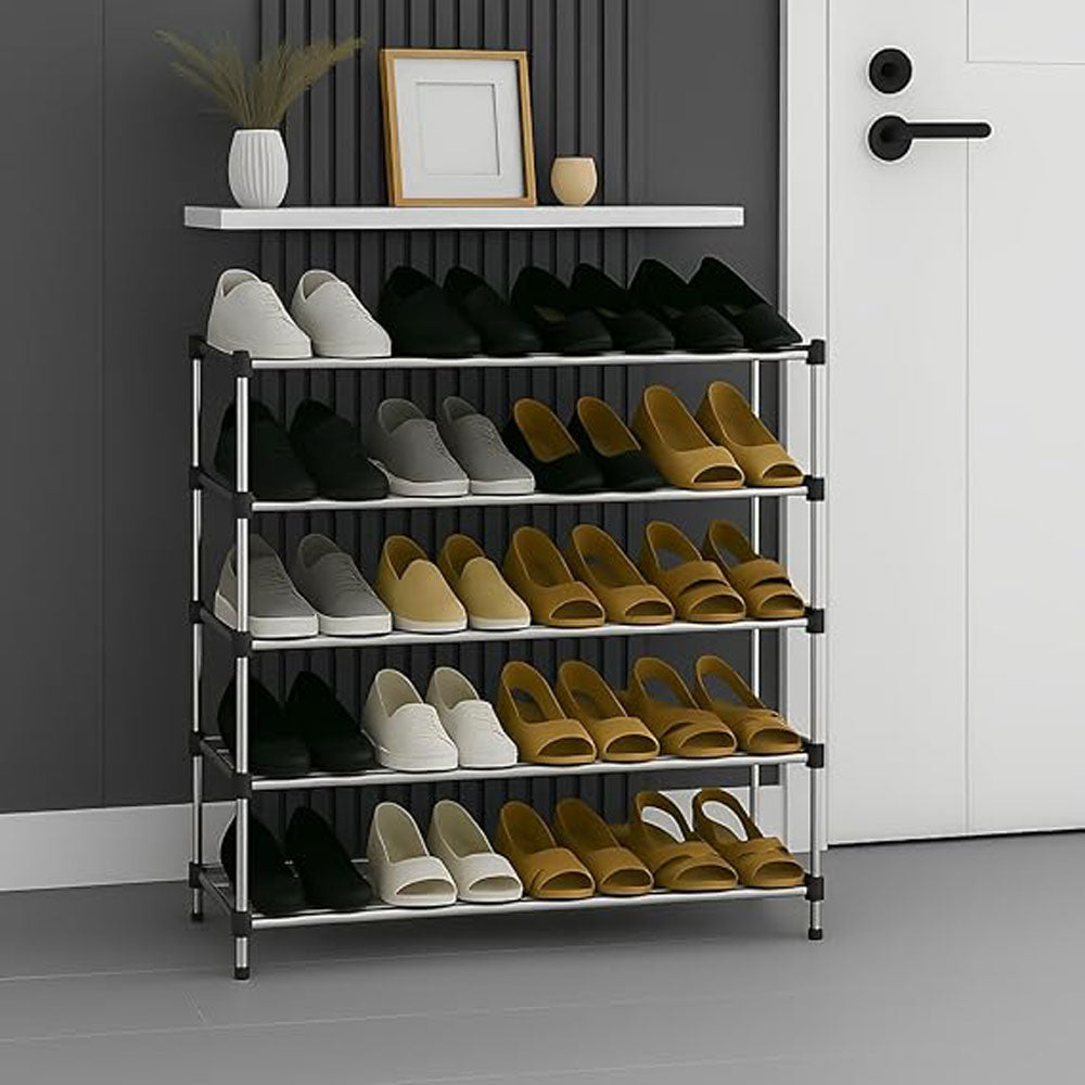 Alexin 5 Tier Stainless Steel Shoes Rack for Home/Shoe Stand/Rust-Proof & Sturdy Shoe Organizer for Entryway/Footwear Organizer/Books/Newspaper/Plants (Black & Silver)