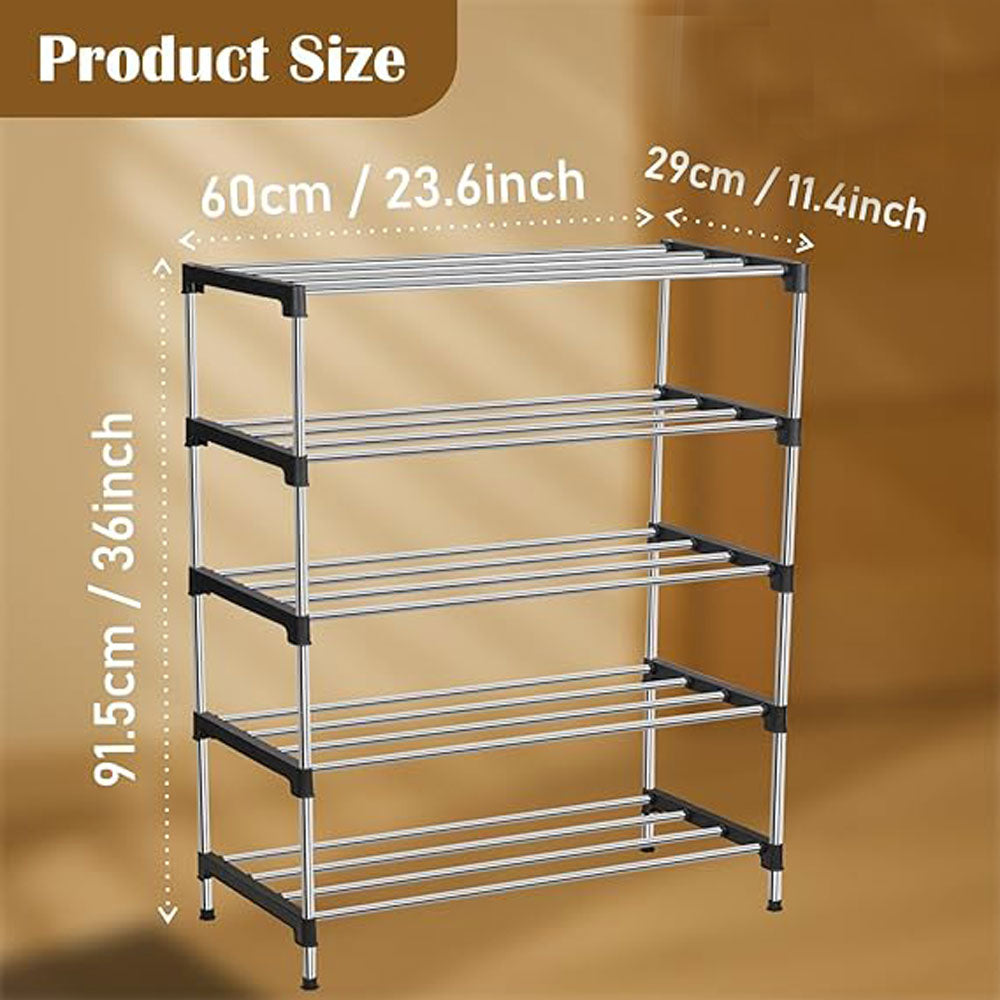 Alexin 5 Tier Stainless Steel Shoes Rack for Home/Shoe Stand/Rust-Proof & Sturdy Shoe Organizer for Entryway/Footwear Organizer/Books/Newspaper/Plants (Black & Silver)