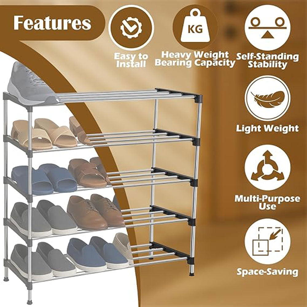 Alexin 5 Tier Stainless Steel Shoes Rack for Home/Shoe Stand/Rust-Proof & Sturdy Shoe Organizer for Entryway/Footwear Organizer/Books/Newspaper/Plants (Black & Silver)