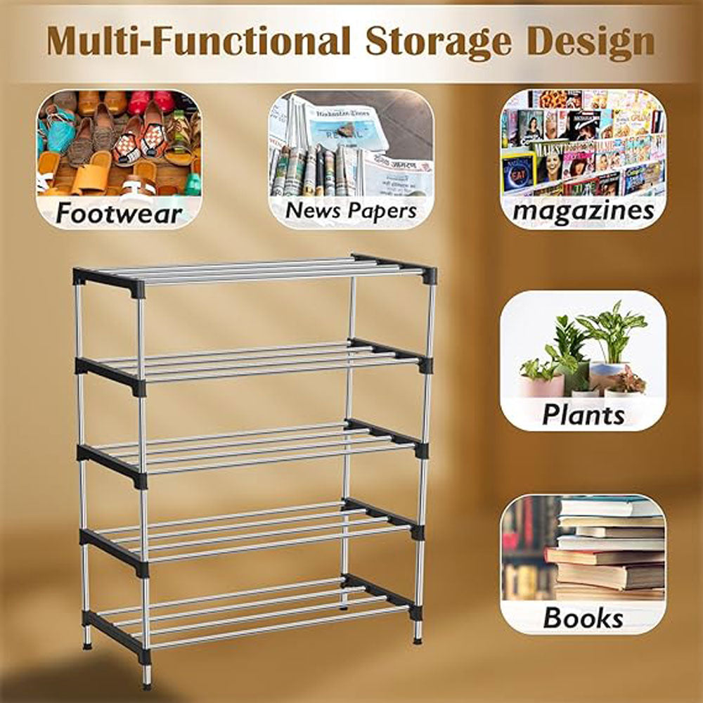 Alexin 5 Tier Stainless Steel Shoes Rack for Home/Shoe Stand/Rust-Proof & Sturdy Shoe Organizer for Entryway/Footwear Organizer/Books/Newspaper/Plants (Black & Silver)