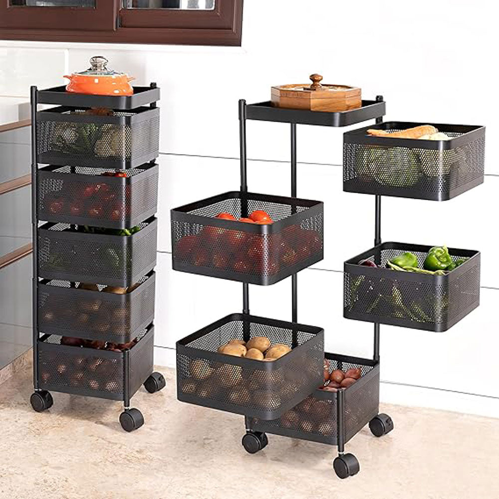Alexin Metal 5 Tier Kitchen Trolley With Wheels/Kitchen Organizer Items & Storage Solutions For Bed Room/Beauty Parlor/Bathroom/Pantry/Living Room/Study Room/Store(Square),Black
