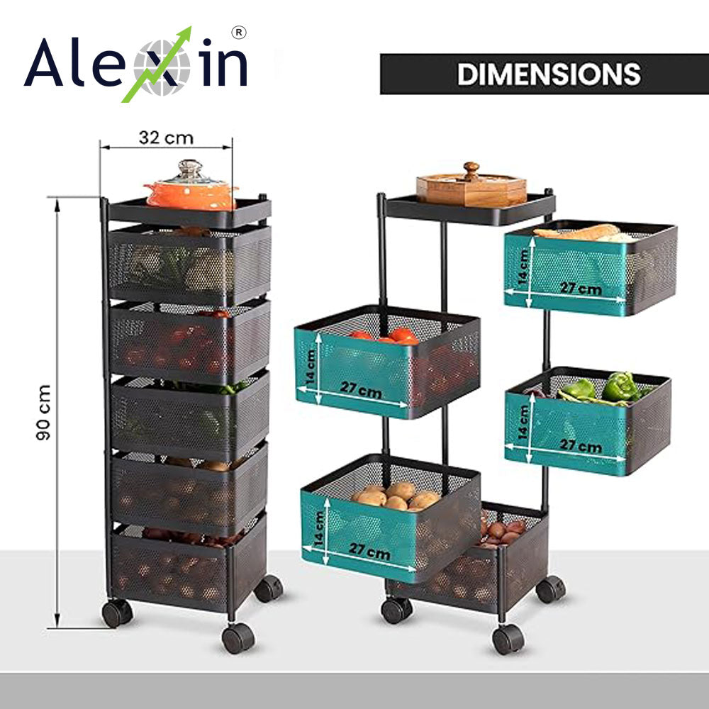 Alexin Metal 5 Tier Kitchen Trolley With Wheels/Kitchen Organizer Items & Storage Solutions For Bed Room/Beauty Parlor/Bathroom/Pantry/Living Room/Study Room/Store(Square),Black