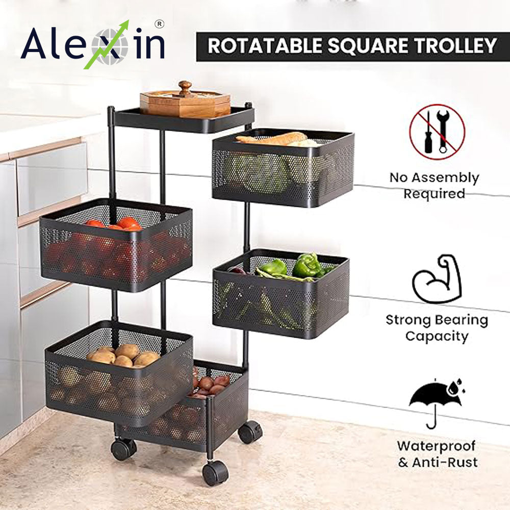 Alexin Metal 5 Tier Kitchen Trolley With Wheels/Kitchen Organizer Items & Storage Solutions For Bed Room/Beauty Parlor/Bathroom/Pantry/Living Room/Study Room/Store(Square),Black