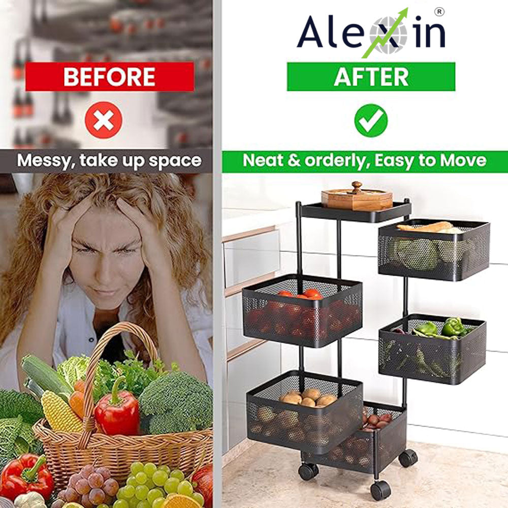 Alexin Metal 5 Tier Kitchen Trolley With Wheels/Kitchen Organizer Items & Storage Solutions For Bed Room/Beauty Parlor/Bathroom/Pantry/Living Room/Study Room/Store(Square),Black