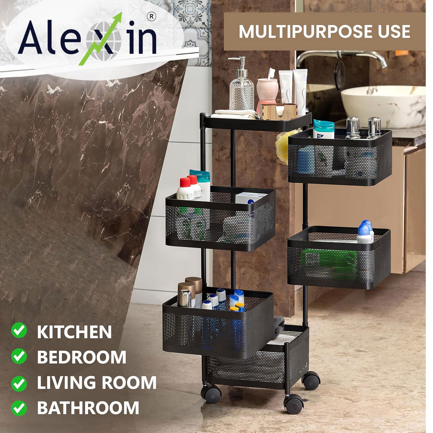 Alexin Metal 5 Tier Kitchen Trolley With Wheels/Kitchen Organizer Items & Storage Solutions For Bed Room/Beauty Parlor/Bathroom/Pantry/Living Room/Study Room/Store(Square),Black